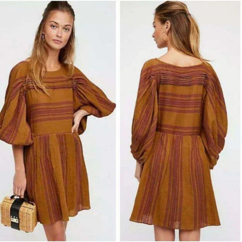 Free People Dress sz L Lilly Puff Sleeve Oversized Mini Bohemian Stripe Feminine